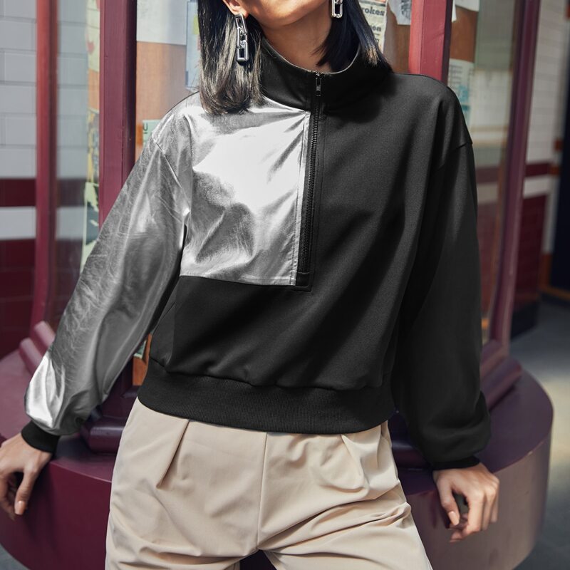 

Funnel Neck Drop Shoulder Colorblock Sweatshirt, Black