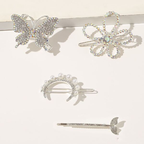 

4pcs Rhinestone Decor Hair Clip, Silver