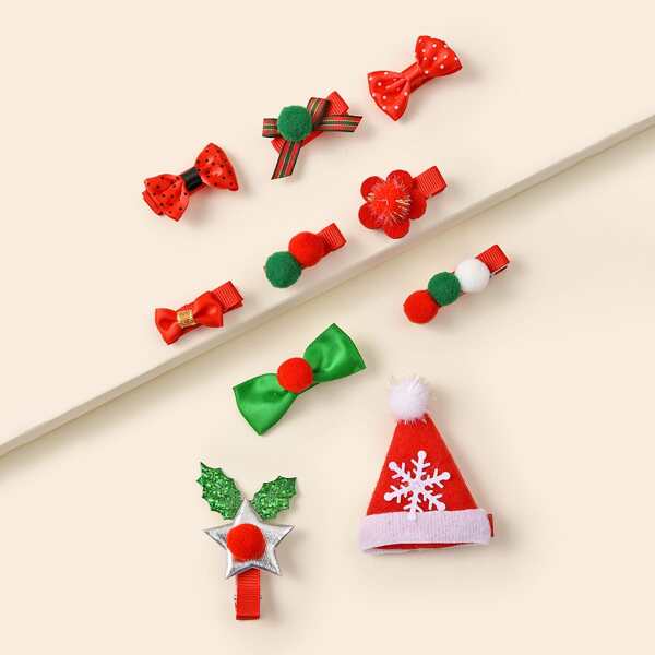 

10pcs Toddler Girls Christmas Pom Pom Decor Hair Clip, Multicolor