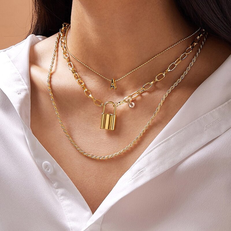 

Lock & Letter Layered Chain Necklace, Gold