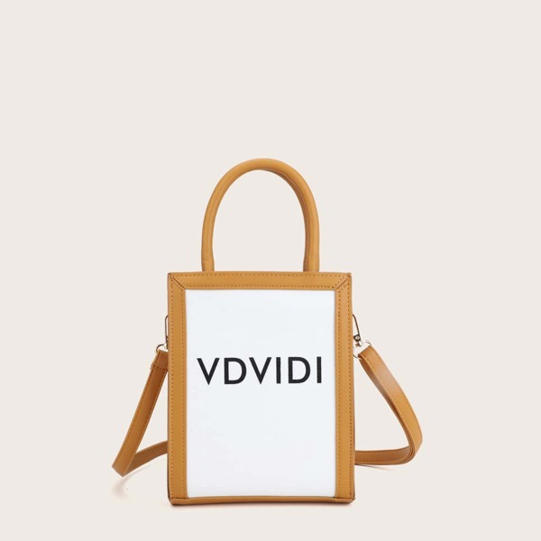 

Letter Graphic Contrast Piping Satchel Bag, White