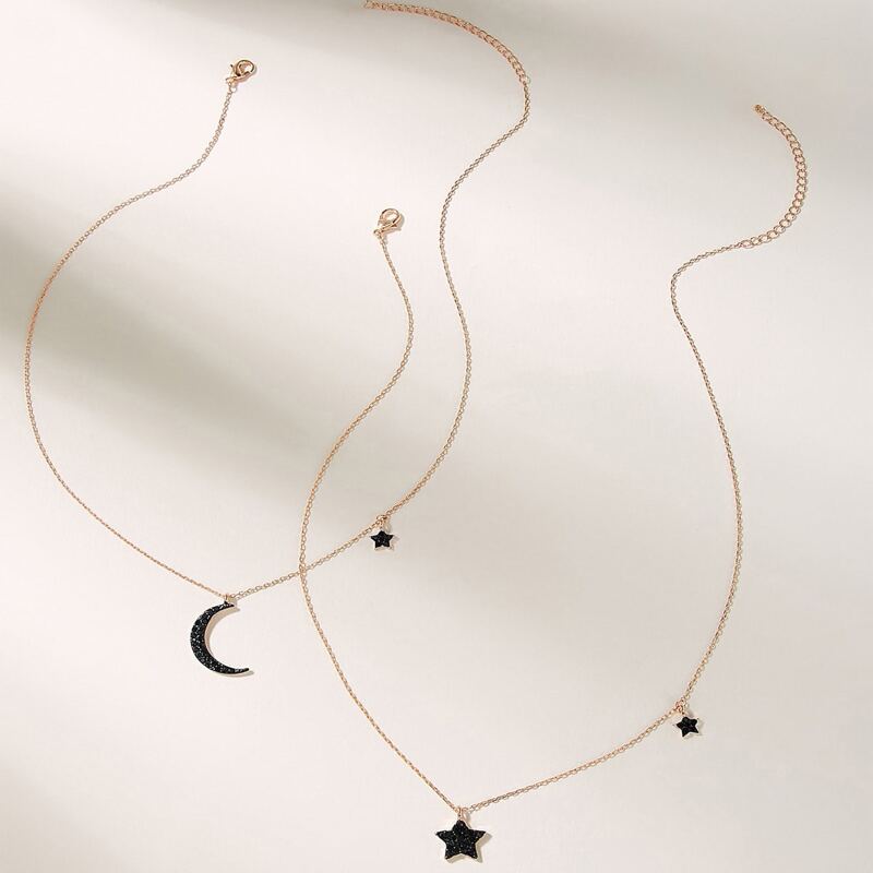 2pcs Star & Moon Pendant Necklace, Black