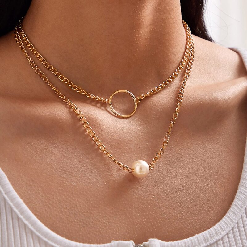 

Faux Pearl & Ring Layered Chain Necklace, Gold