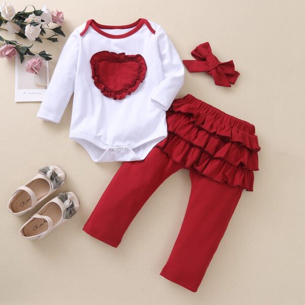 

Baby Girl Heart Pattern Romper & Layered Ruffle Pants Set, Red and white