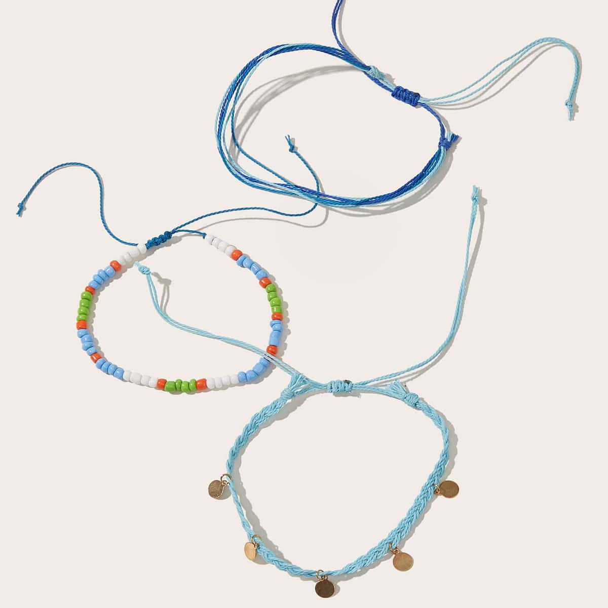 

3pcs Disc & Beaded Rope Bracelet, Blue