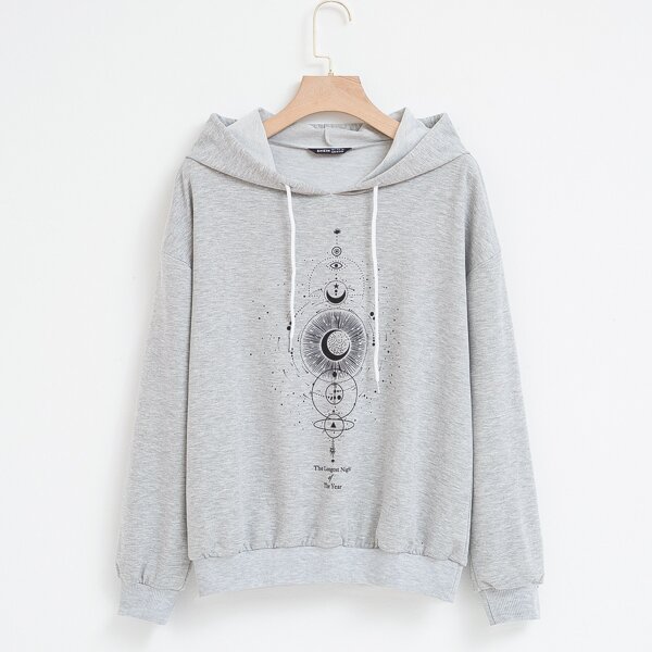 

Plus Galaxy & Letter Graphic Drop Shoulder Hoodie, Light grey