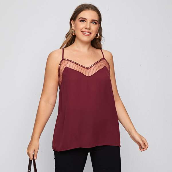 

Plus Guipure Lace and Mesh Insert Cami Top, Maroon