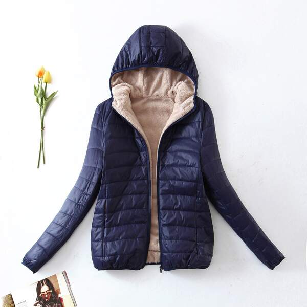 

Teddy Lined Zip Up Hooded Padded Jacket, Navy blue