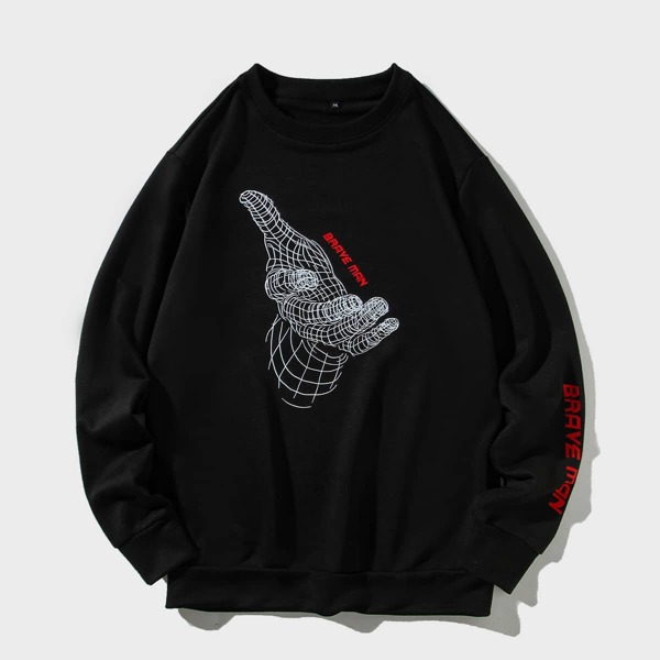 

Men Letter & Hand Print Sweatshirt, Black