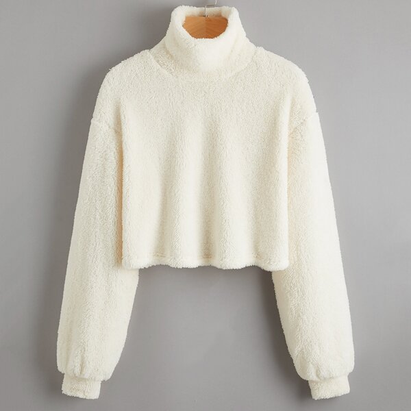 

Mock Neck Drop Shoulder Teddy Pullover, Beige