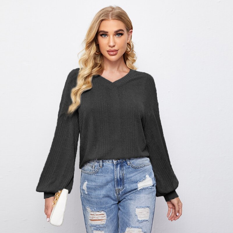 

V Neck Drop Shoulder Top, Black
