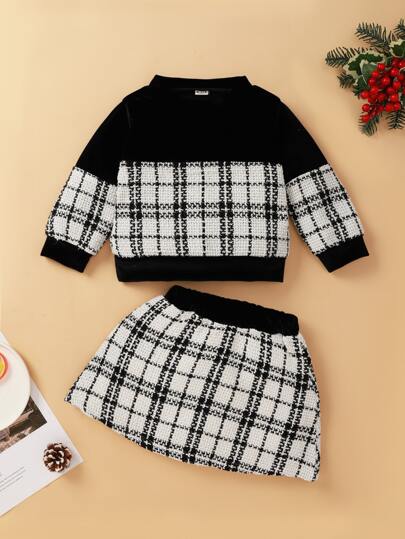 تنورة مع قميص ثقيل من التويد مربع النقش للبنات الرضع