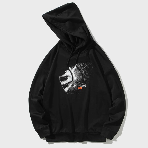 

Men Letter Graphic Drawstring Drop Shoulder Hoodie, Black