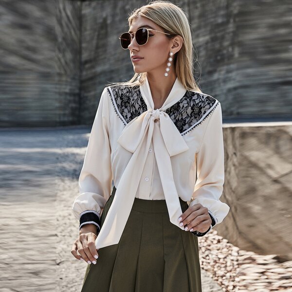 

Tie Neck Lace Panel Blouse, Beige