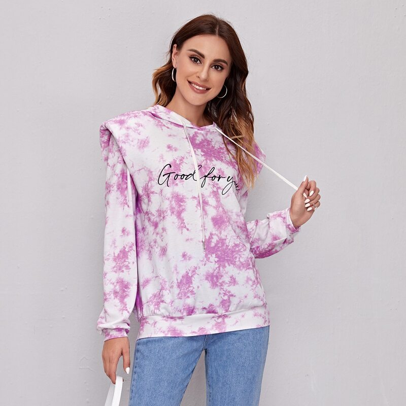

Shoulder Pad Slogan Graphic Tie Dye Hoodie, Multicolor