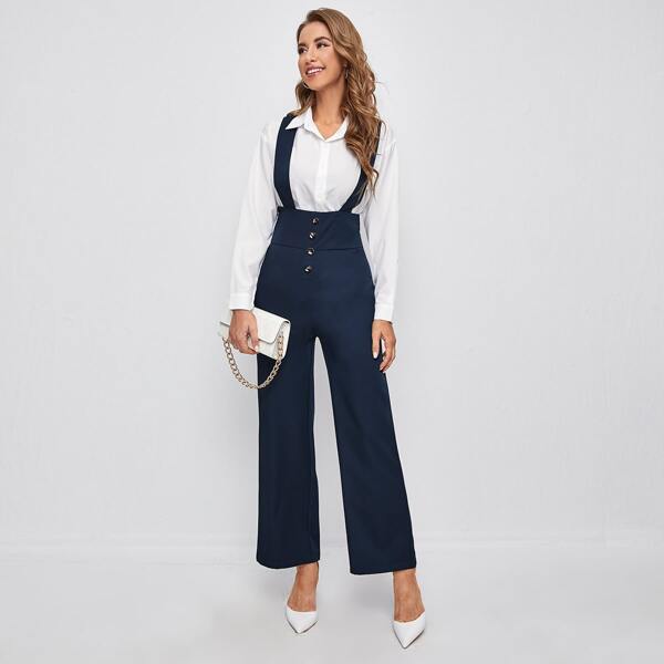 

Button Front Suspender Jumpsuit, Navy blue