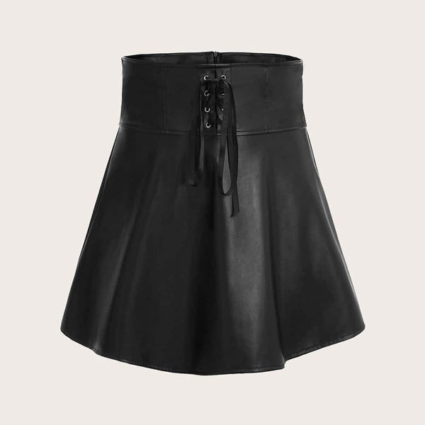 

Plus Lace Up Wide Waistband PU Skirt, Black