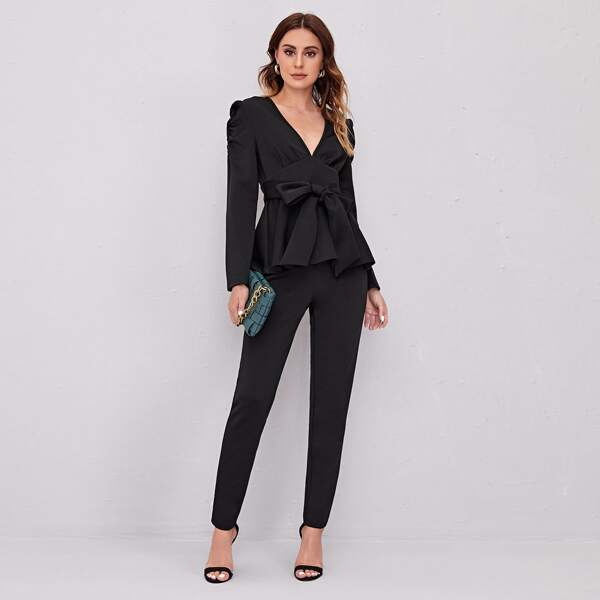 

Tie Front Ruched Detail Top & Pants Set, Black