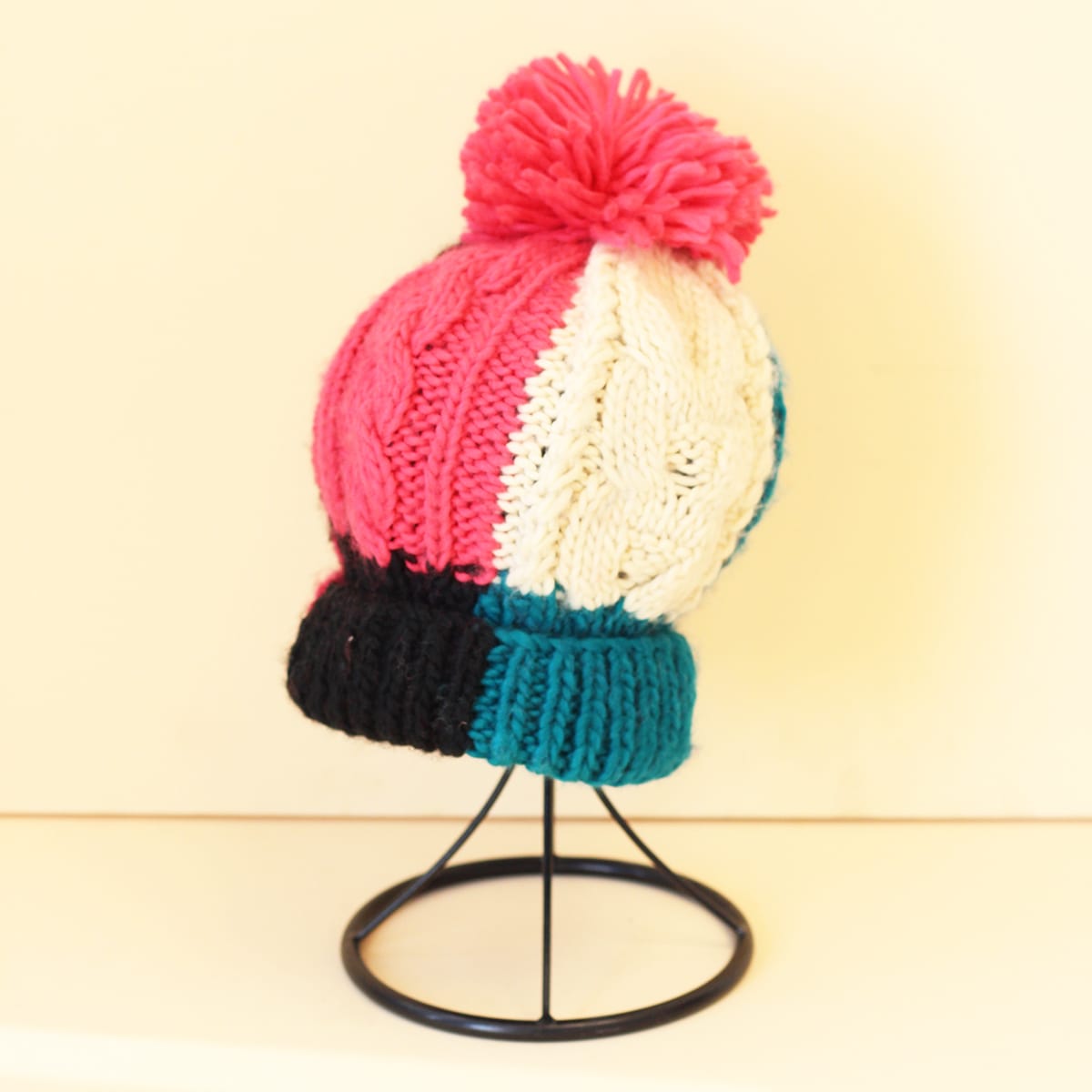 Image of Color Block Pom Pom Decor Beanie