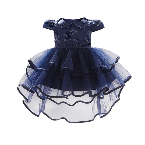 

Baby Girl Pearls Mesh Panel Layered Gown Dress, Navy blue