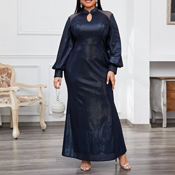 

Plus Contrast Mesh Mandarin Collar Prom Dress, Navy blue