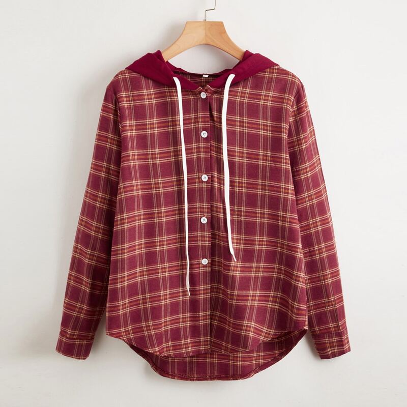 

Plaid Hooded Drawstring Shirt, Multicolor
