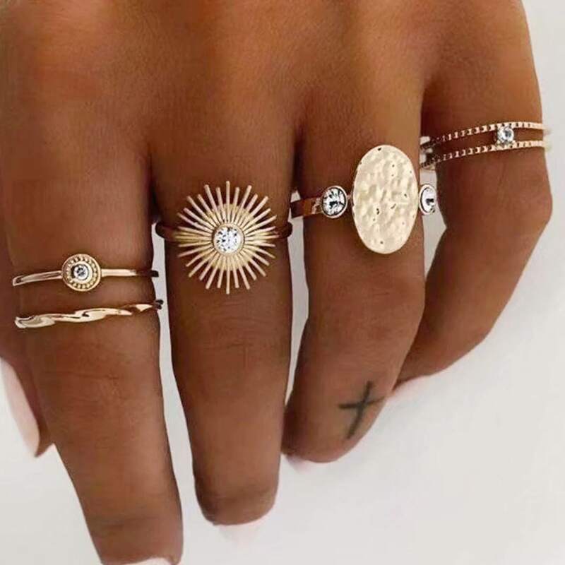 

5pcs Oval Disc Rhinestone Ring, Gold