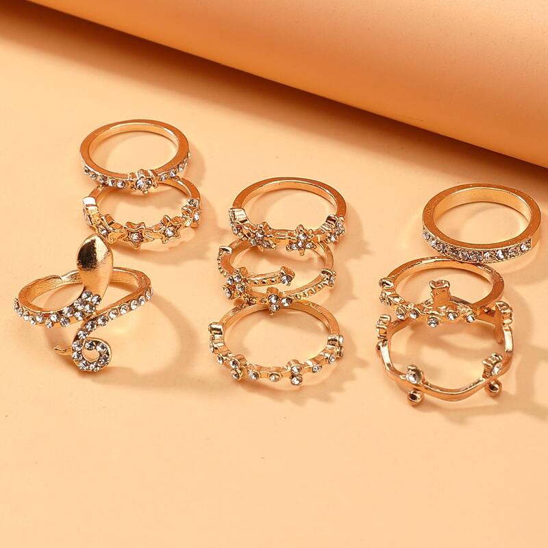 

9pcs Rhinestone Snake Design Ring, Gold