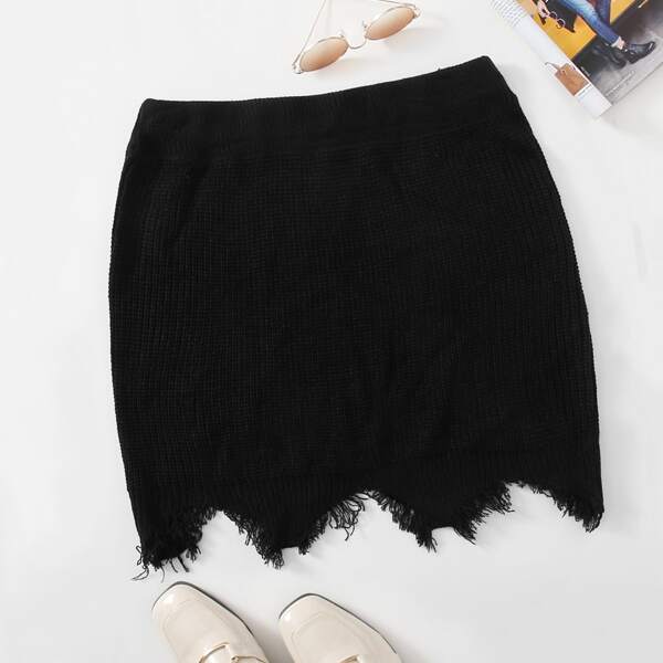 

Plus Solid Raw Hem Ribbed Knit Skirt, Black