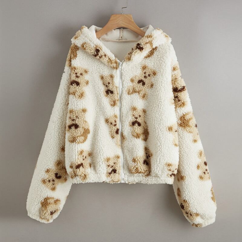 

Bear Pattern Zip Up Teddy Jacket, Beige