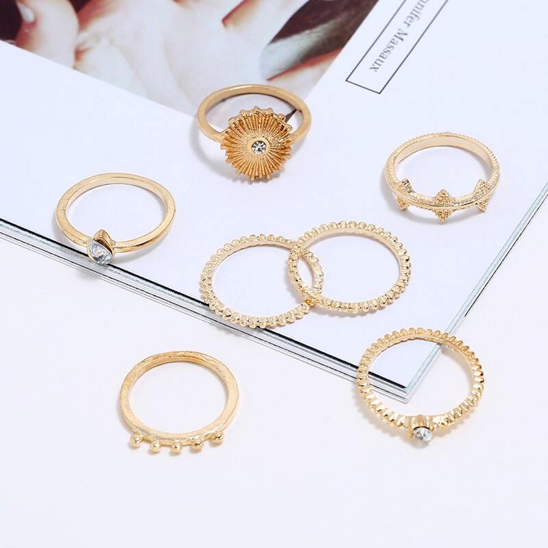 

7pcs Rhinestone & Sun Ring Set, Gold