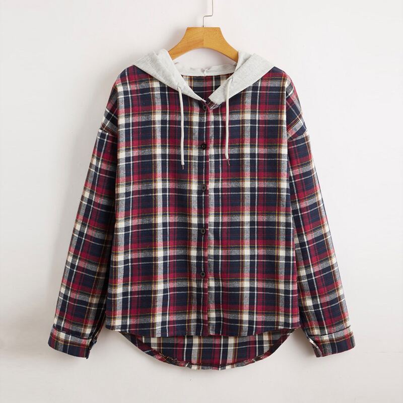 

Plaid Hooded Drawstring Shirt, Multicolor