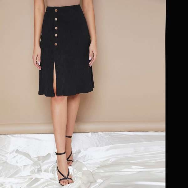 

Button Detail Split Thigh Rib-knit Skirt, Black