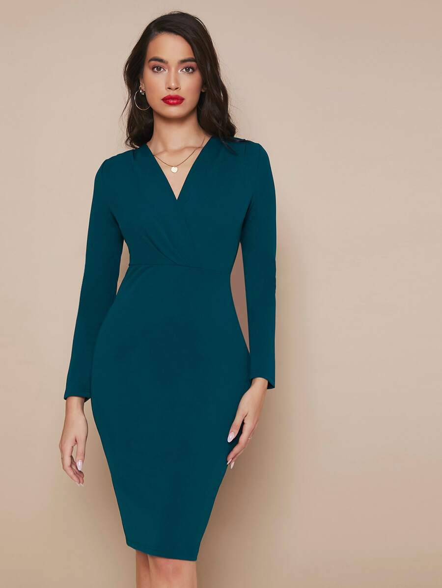 SHEIN Belle Surplice Neck Split Hem Solid Dress - Teal Blue - View 1