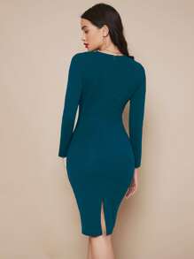 SHEIN Belle Surplice Neck Split Hem Solid Dress - Teal Blue - View 2