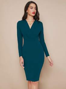 SHEIN Belle Surplice Neck Split Hem Solid Dress - Teal Blue - View 3