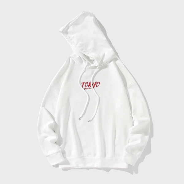 

Men Fish & Japanese Print Hoodie, White