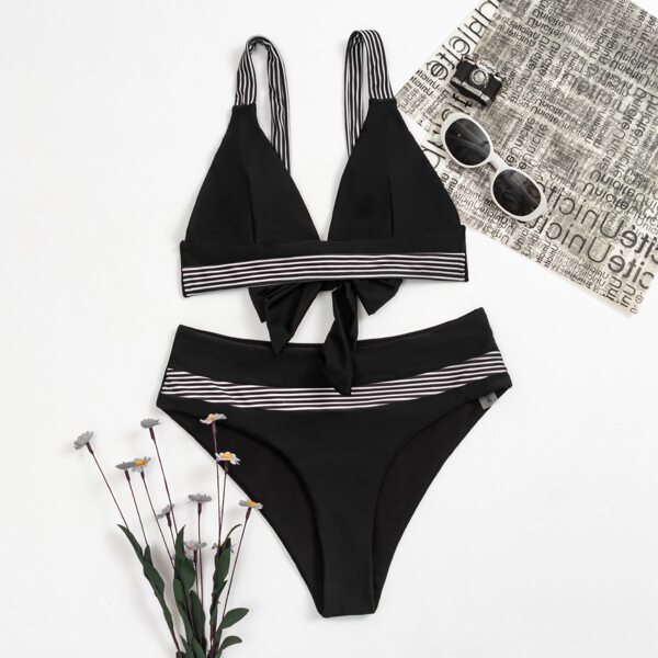 

Striped High Waisted Bikini Swimsuit, Black and white