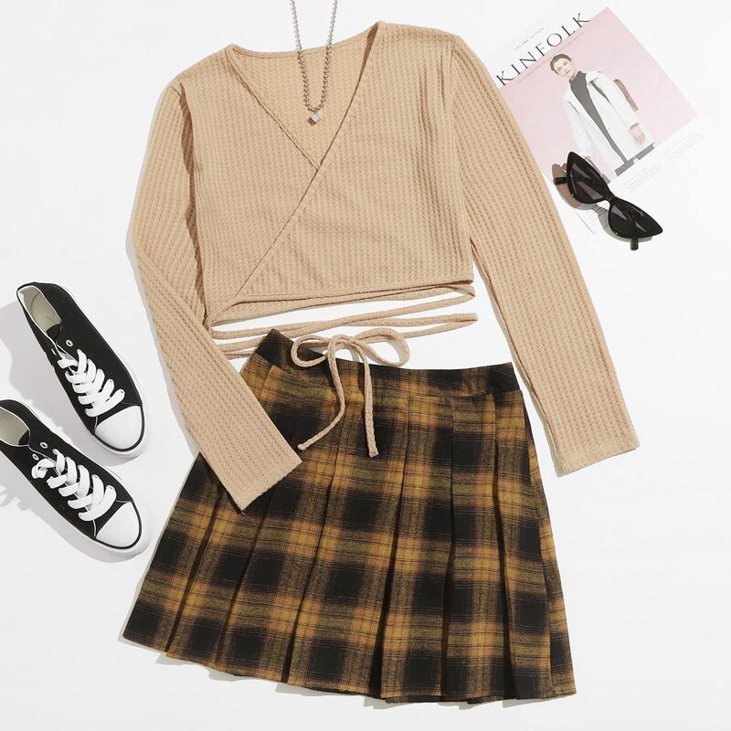 

Solid Wrap Tie Front Crop Top & Tartan Pleated Skirt, Multicolor