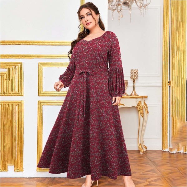

Plus Ditsy Floral Print Bishop Sleeve Belted Dress, Multicolor