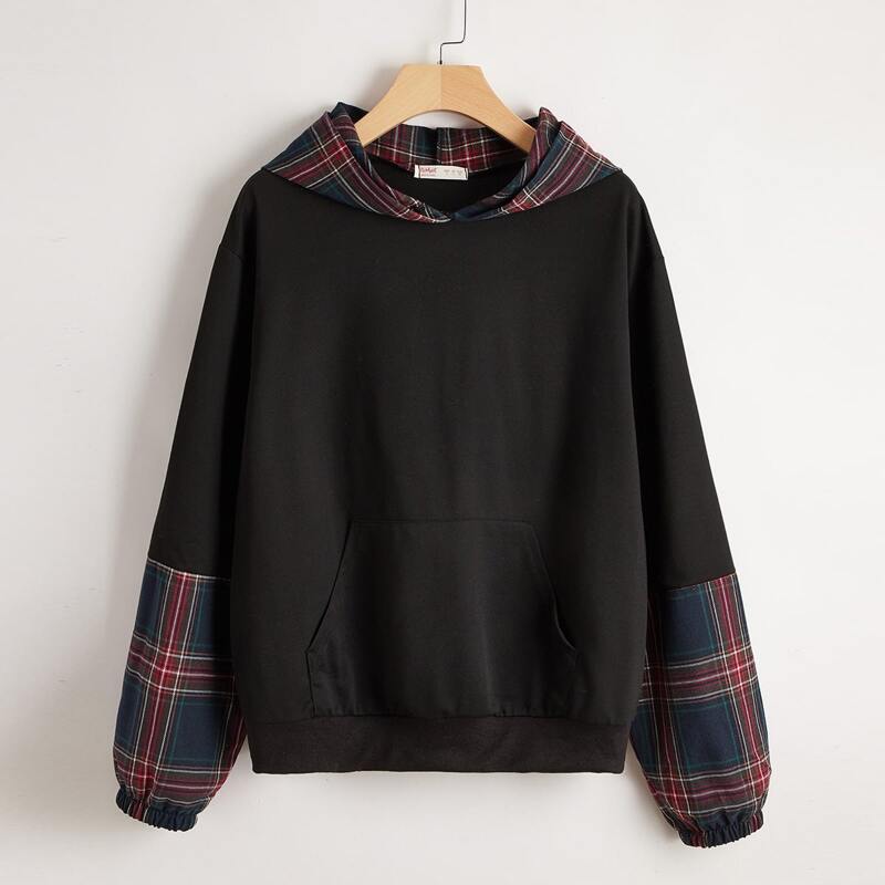 

Kangaroo Pocket Contrast Plaid Hoodie, Black