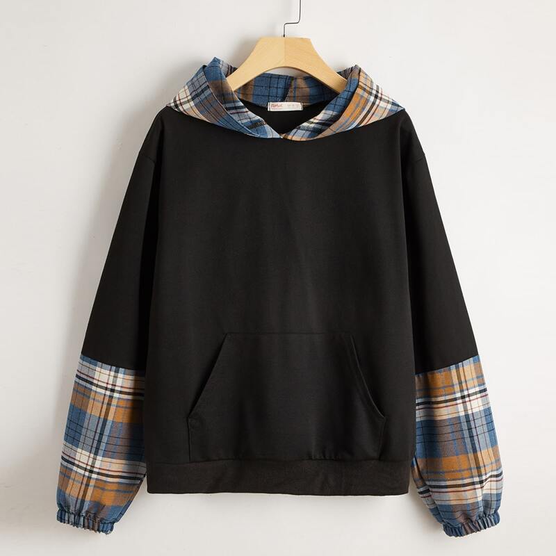 

Kangaroo Pocket Contrast Plaid Hoodie, Black