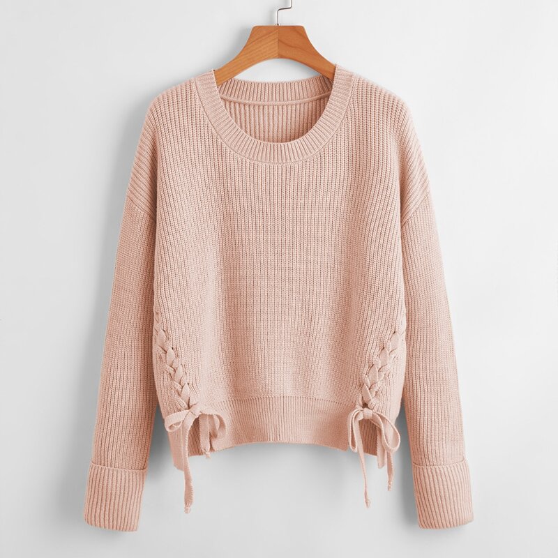 

Lace Up Drop Shoulder Sweater, Dusty pink