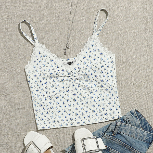 

Plus Contrast Lace Ruched Ditsy Floral Cami Top, Blue and white