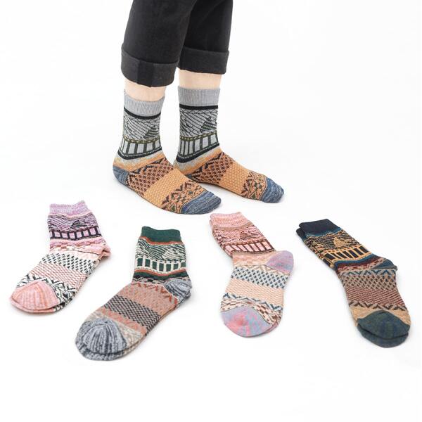 

5pairs Men Vintage Pattern Socks, Multicolor