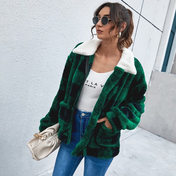 

Buffalo Plaid Zip Up Teddy Coat, Green