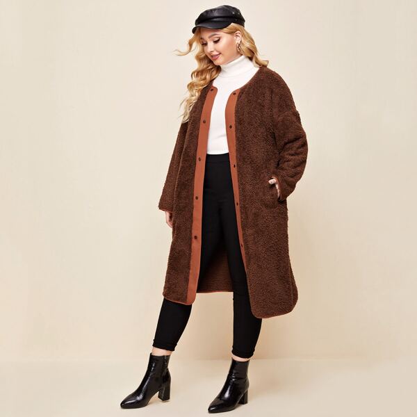 

Plus Drop Shoulder Button Up Teddy Coat, Chocolate brown
