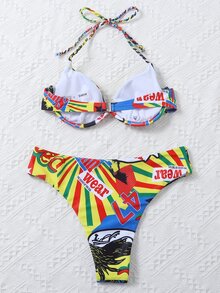 Graphic Print Underwire Bikini Set Summer Beach - Multicolor - View 2