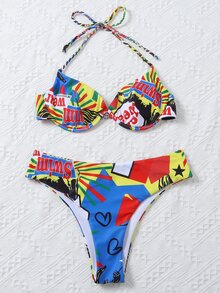 Graphic Print Underwire Bikini Set Summer Beach - Multicolor - View 3