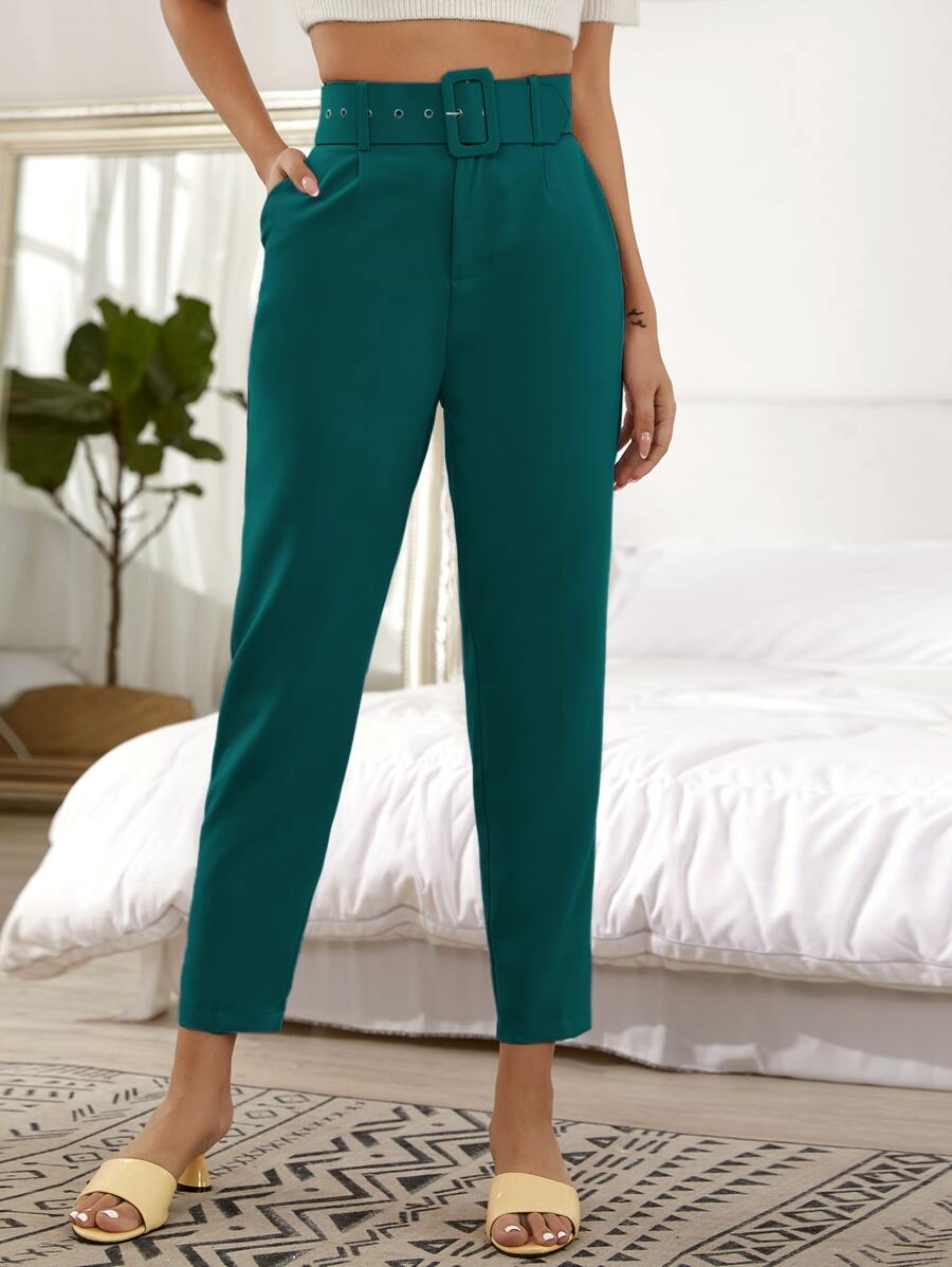 SHEIN Privé Com cinto Simples elegante Calças - Verde - Visão 1